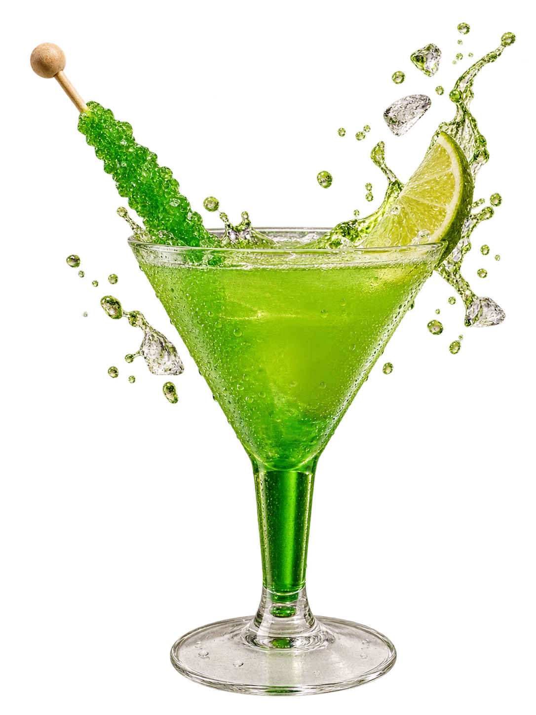Art-directed green martini with crisp glass highlights and a citrus splash