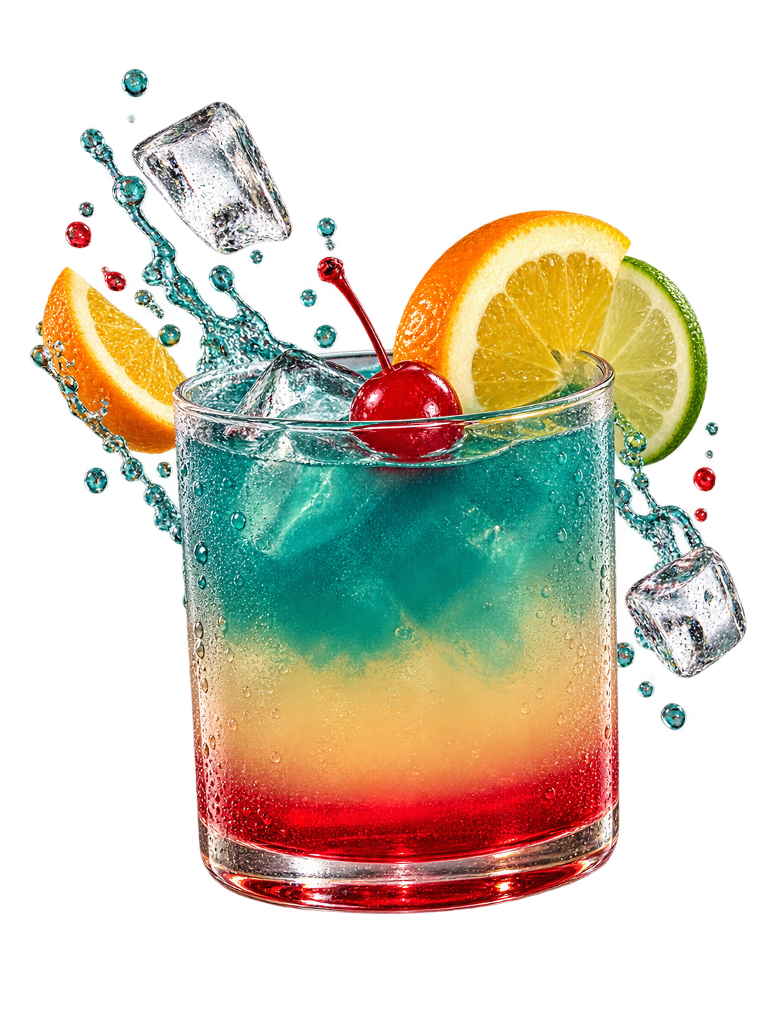 Art-directed layered red and blue cocktail with citrus garnish and ice
