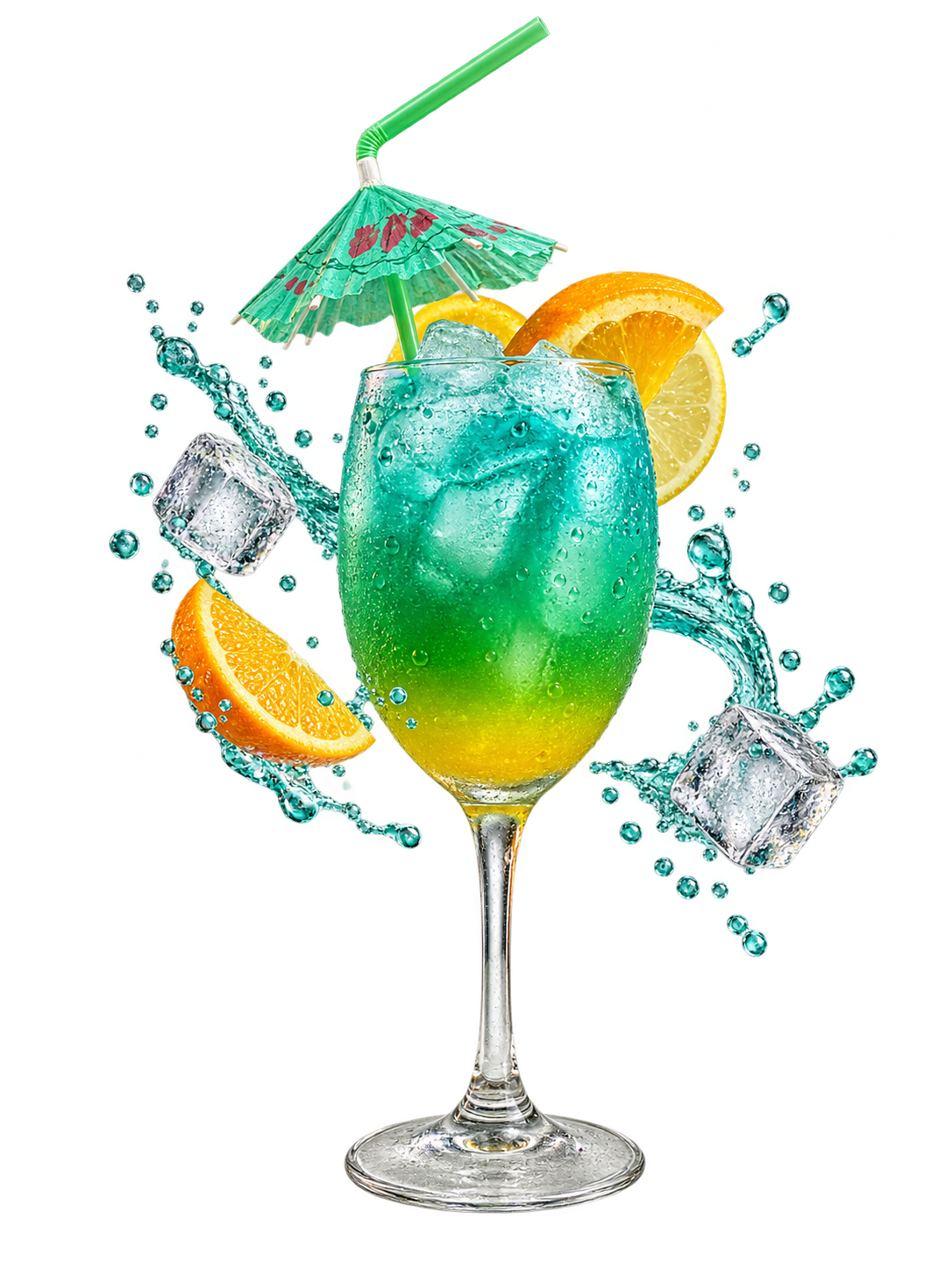Art-directed Bootz tropical cocktail in vivid blue and green with citrus